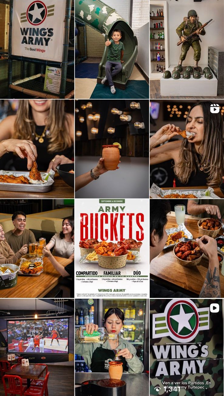Feed de Instagram de Wing's Army Tultepec con fotos de producto, ambiente y promociones hechas por AS